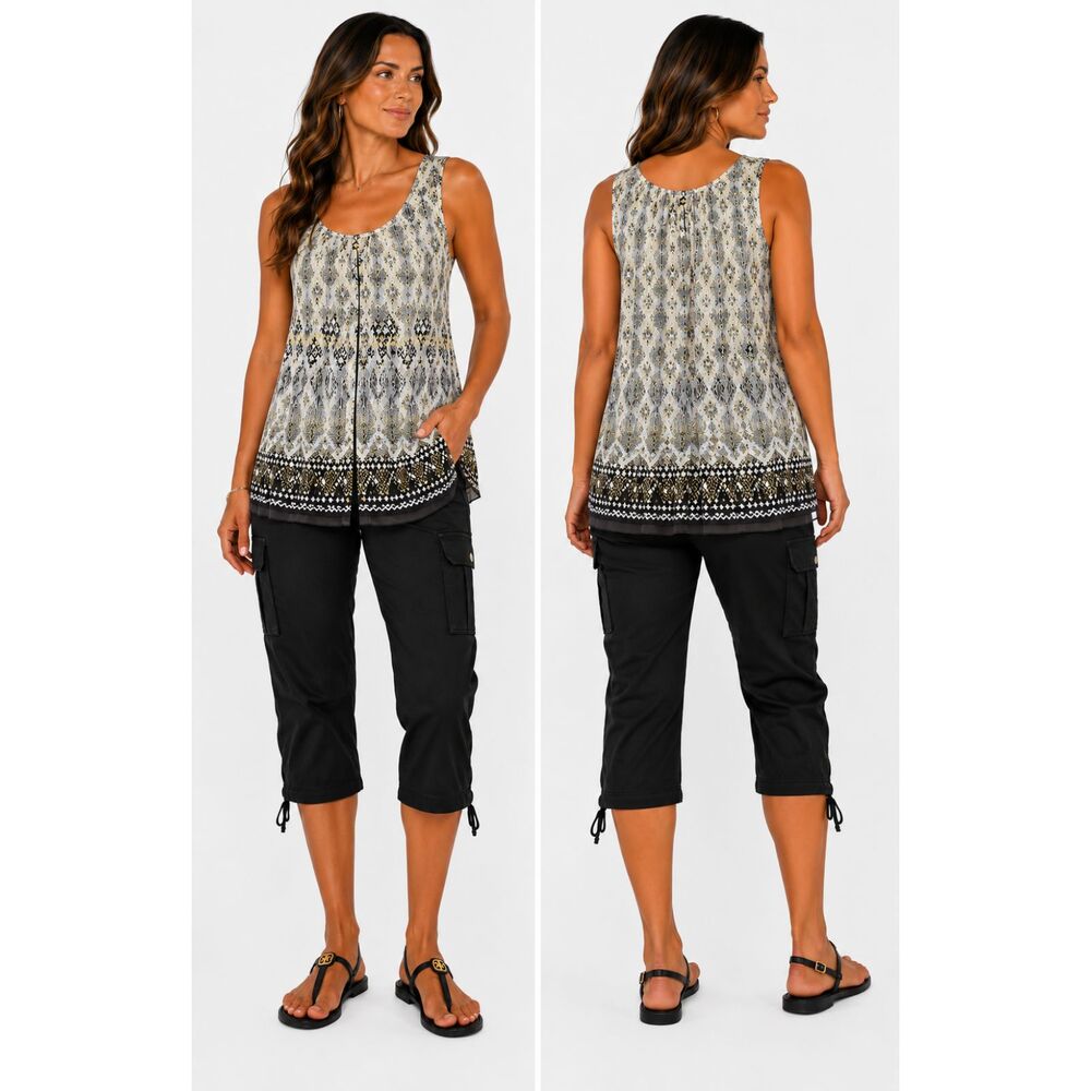 Roz & Ali Geometric Aztec Print Flowy Tank Top Blouse Boho Small